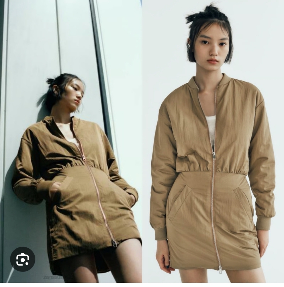 Zara NWT Bomber Jacket / Mini Dress Synched Waist Olive Green Size M